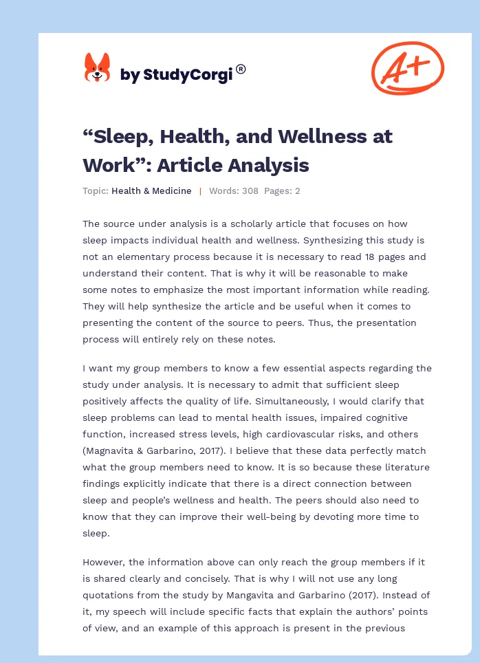 “Sleep, Health, and Wellness at Work”: Article Analysis. Page 1