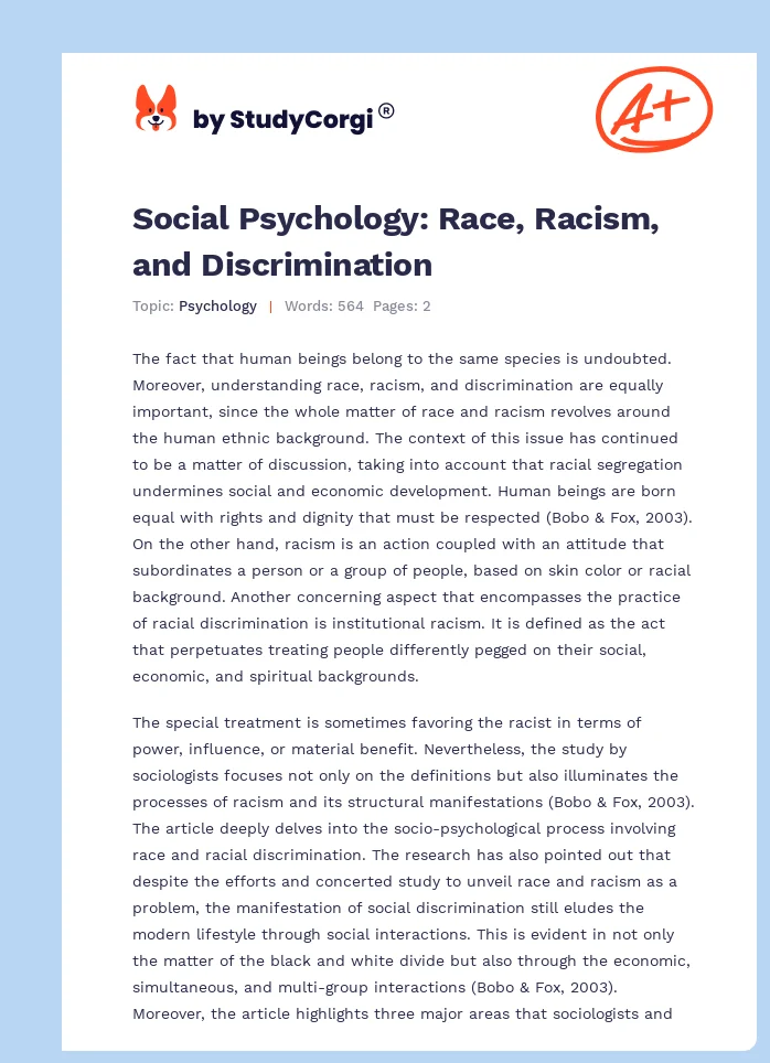 Social Psychology: Race, Racism, and Discrimination. Page 1