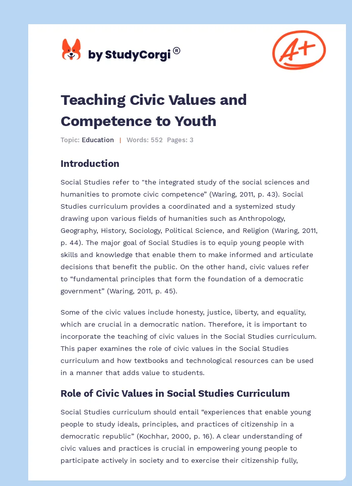 Teaching Civic Values and Competence to Youth. Page 1