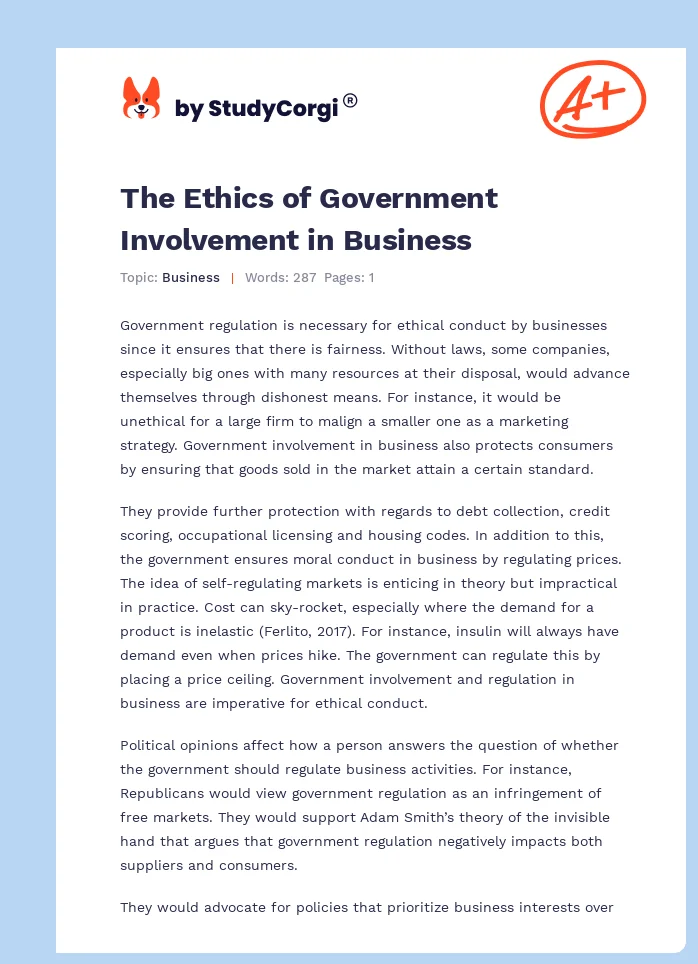 The Ethics of Government Involvement in Business. Page 1