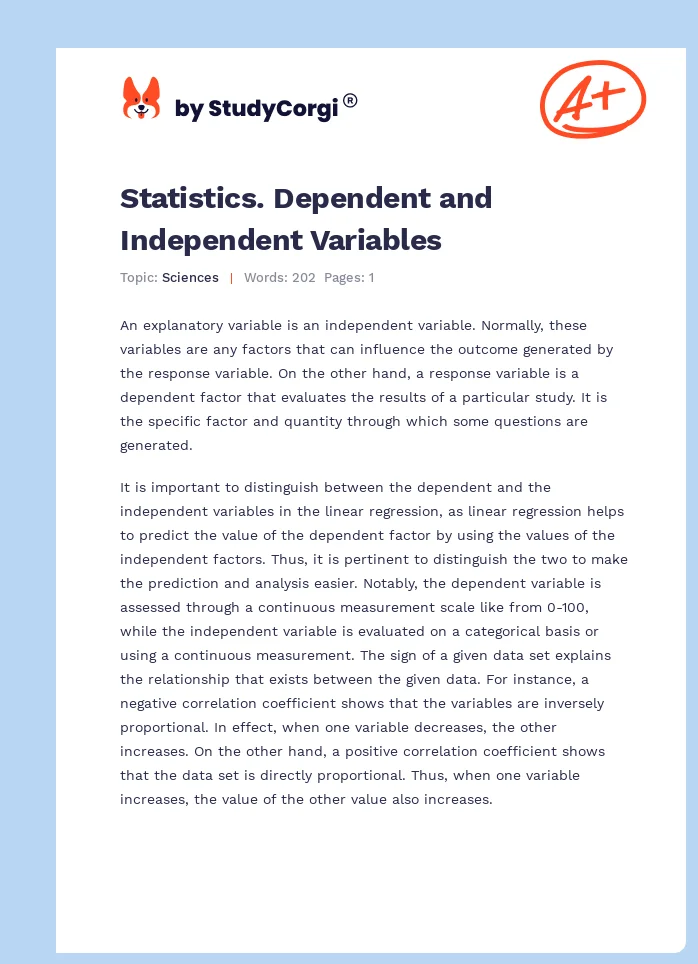 Statistics. Dependent and Independent Variables. Page 1