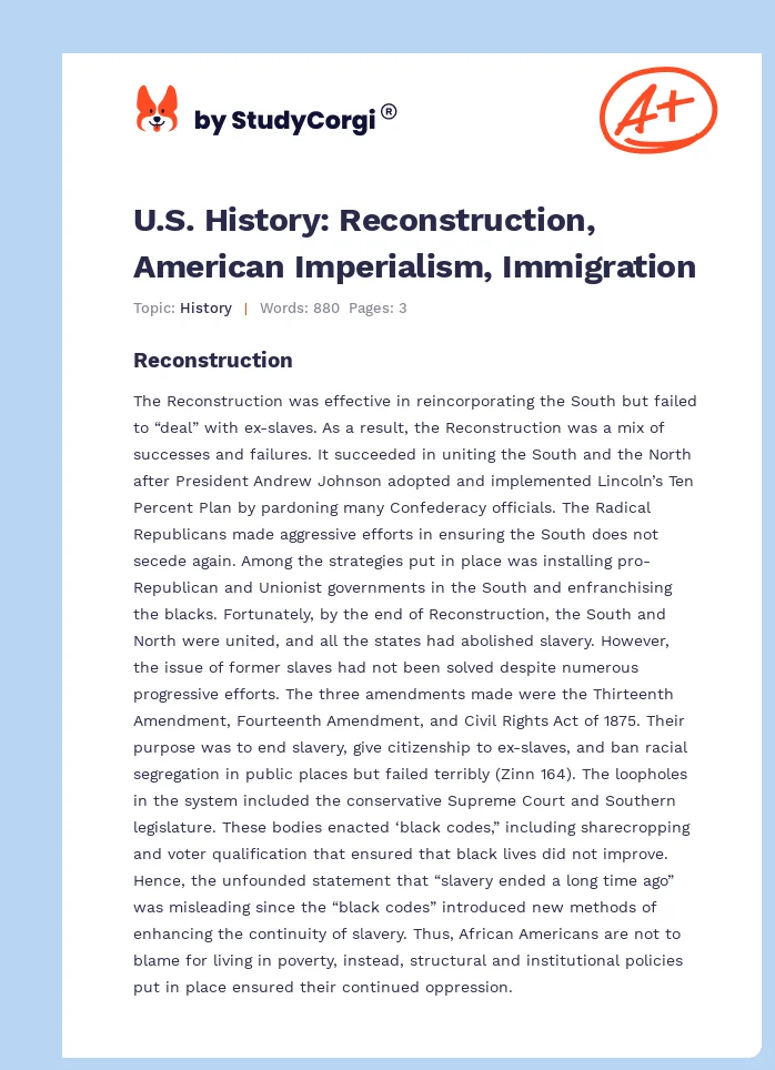U.S. History: Reconstruction, American Imperialism, Immigration. Page 1