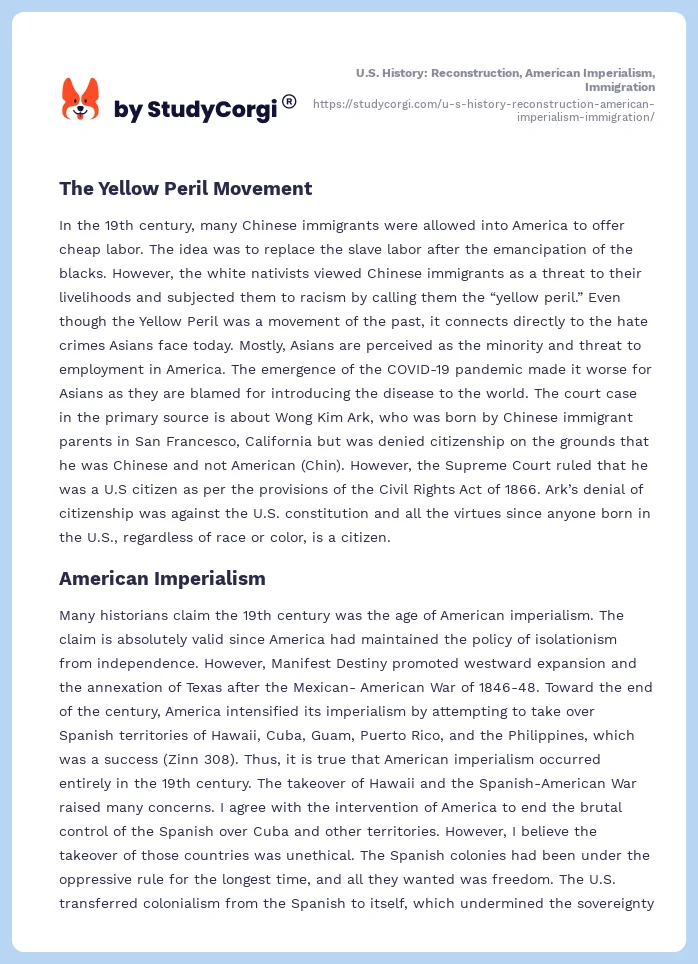 U.S. History: Reconstruction, American Imperialism, Immigration. Page 2