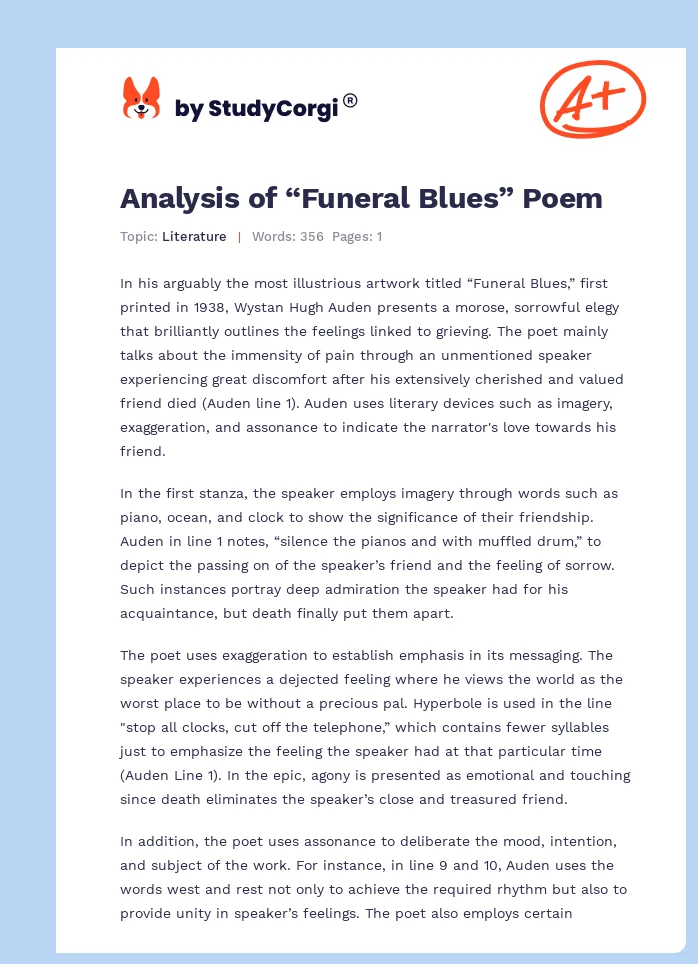 Analysis of “Funeral Blues” Poem. Page 1