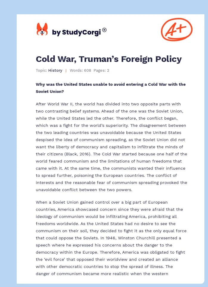 Cold War, Truman’s Foreign Policy. Page 1