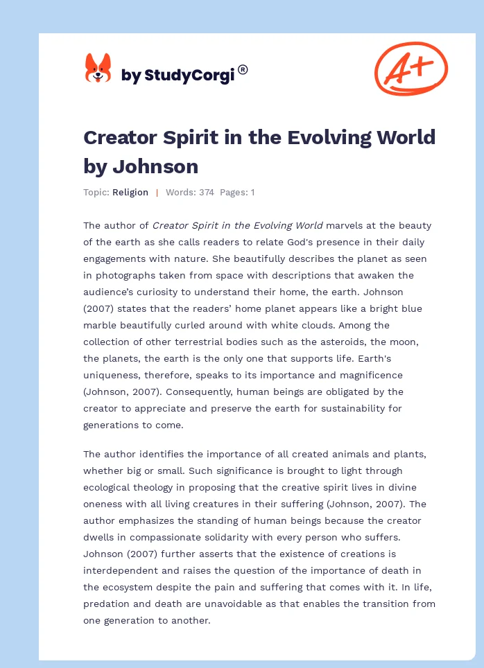 Creator Spirit in the Evolving World by Johnson. Page 1