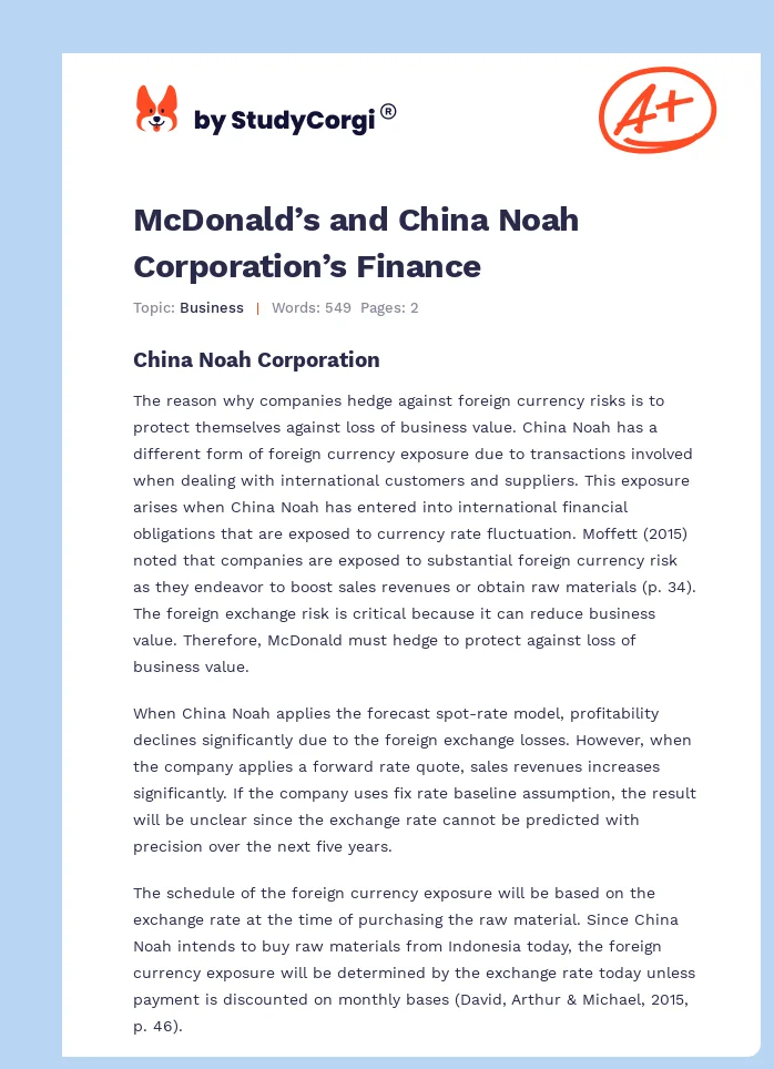 McDonald’s and China Noah Corporation’s Finance. Page 1