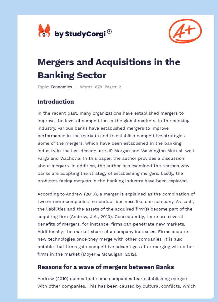 Mergers and Acquisitions in the Banking Sector. Page 1