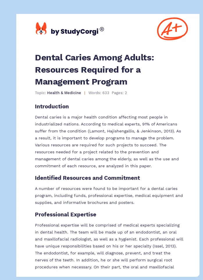 Dental Caries Among Adults: Resources Required for a Management Program. Page 1