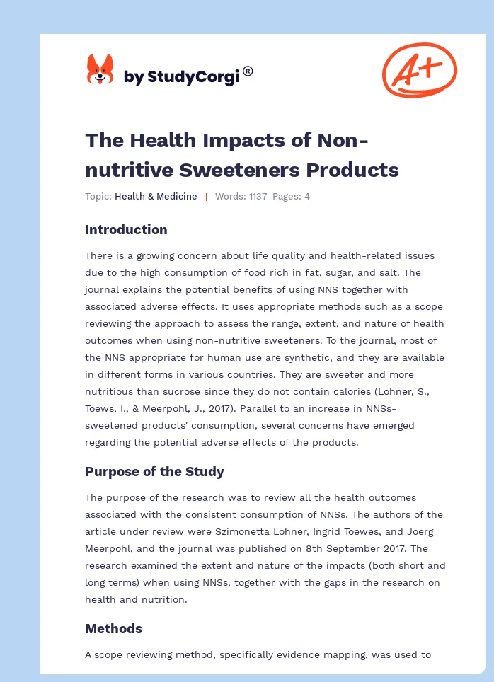 The Health Impacts of Non-nutritive Sweeteners Products. Page 1
