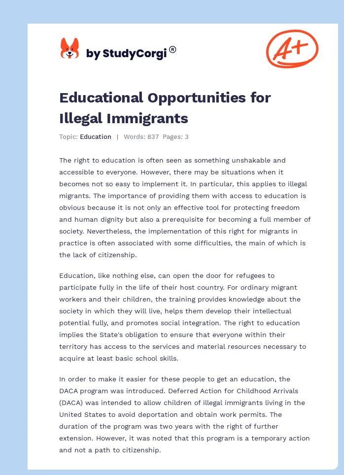 Educational Opportunities for Illegal Immigrants. Page 1