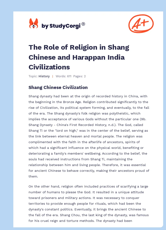 The Role of Religion in Shang Chinese and Harappan India Civilizations. Page 1