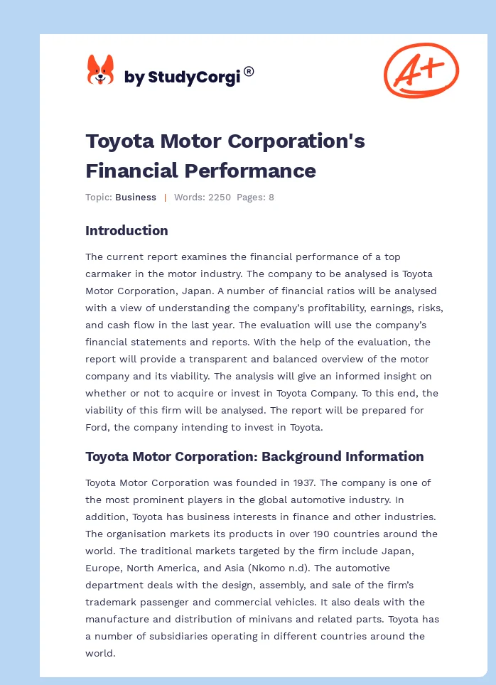 Toyota Motor Corporation's Financial Performance. Page 1
