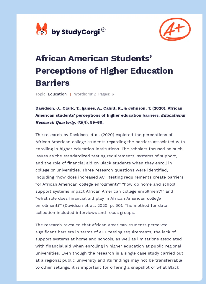 African American Students’ Perceptions of Higher Education Barriers. Page 1