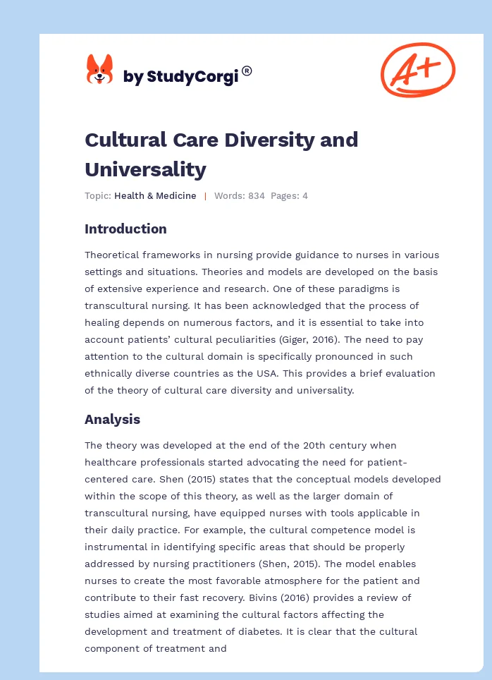 Cultural Care Diversity and Universality. Page 1