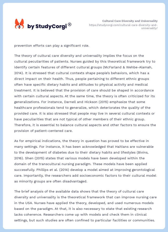 Cultural Care Diversity and Universality. Page 2