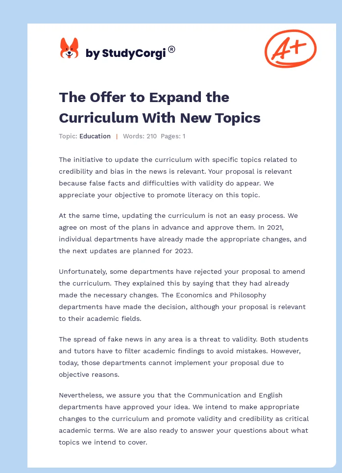 The Offer to Expand the Curriculum With New Topics. Page 1