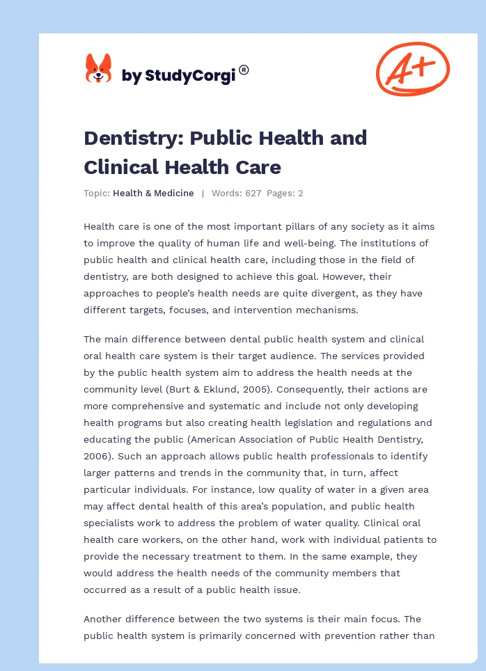 Dentistry: Public Health and Clinical Health Care. Page 1
