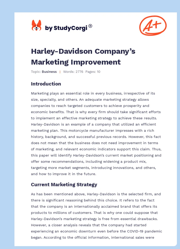 Harley-Davidson Company’s Marketing Improvement. Page 1
