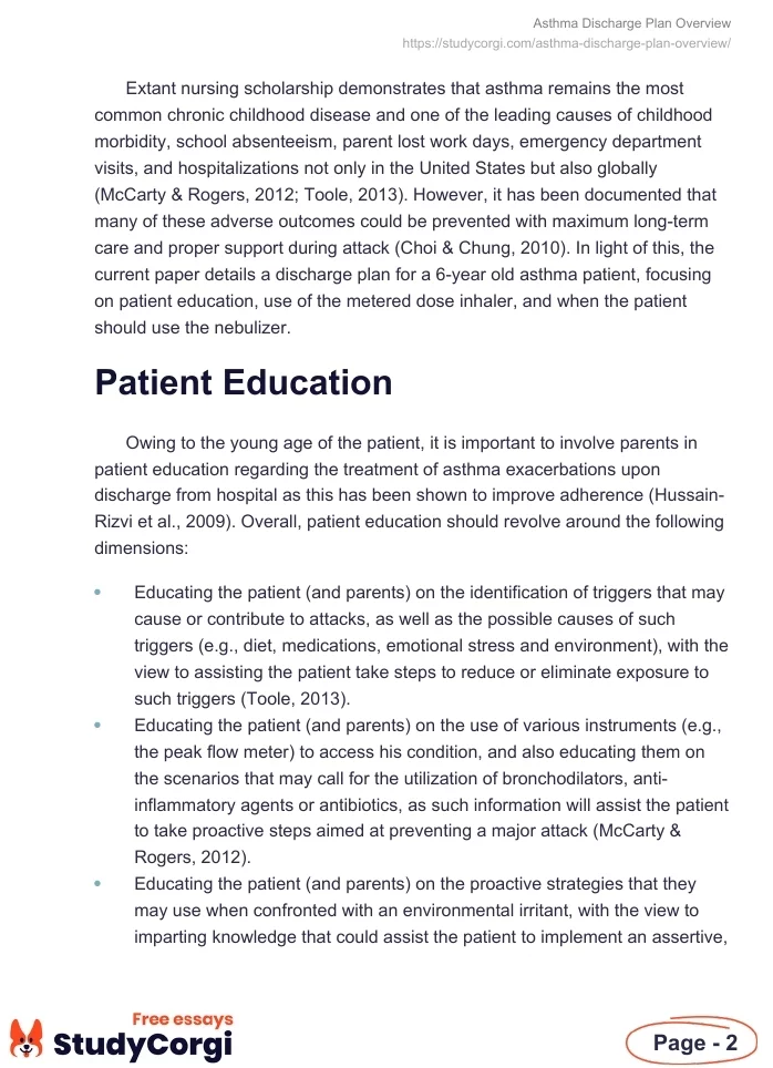 Asthma Discharge Plan Overview | Free Essay Example