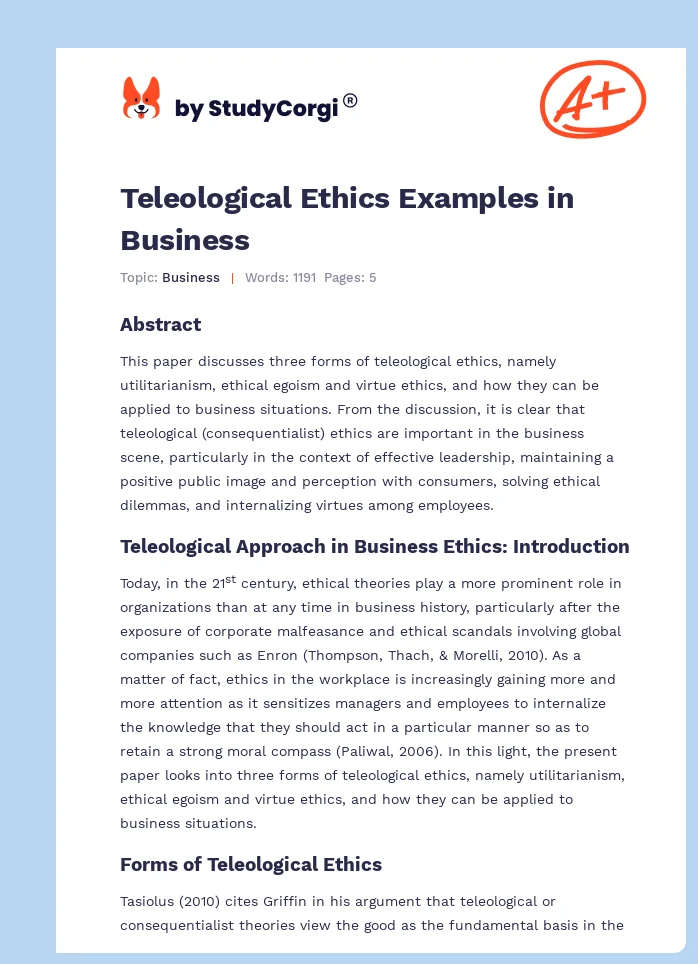 Teleological Ethics Examples in Business. Page 1