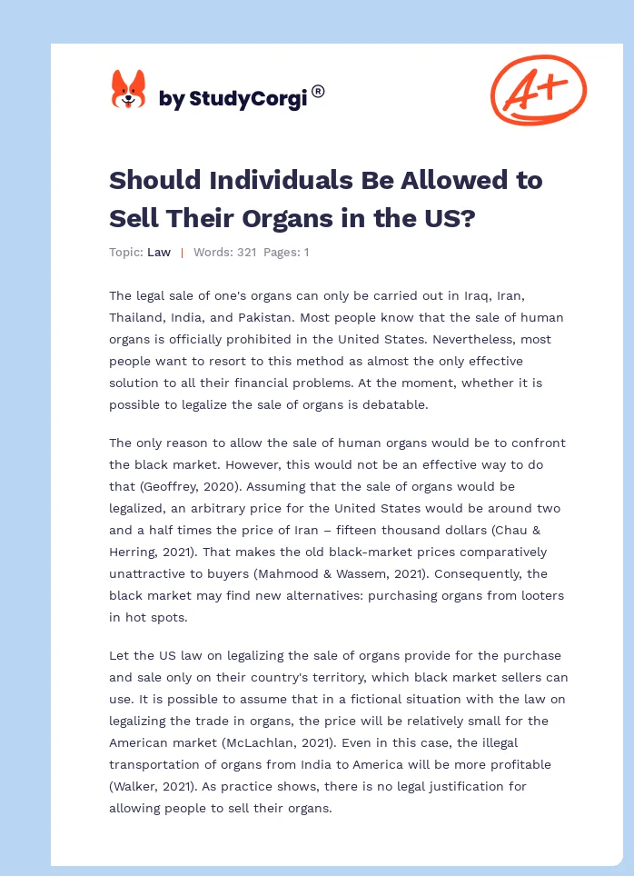 Should Individuals Be Allowed to Sell Their Organs in the US?. Page 1