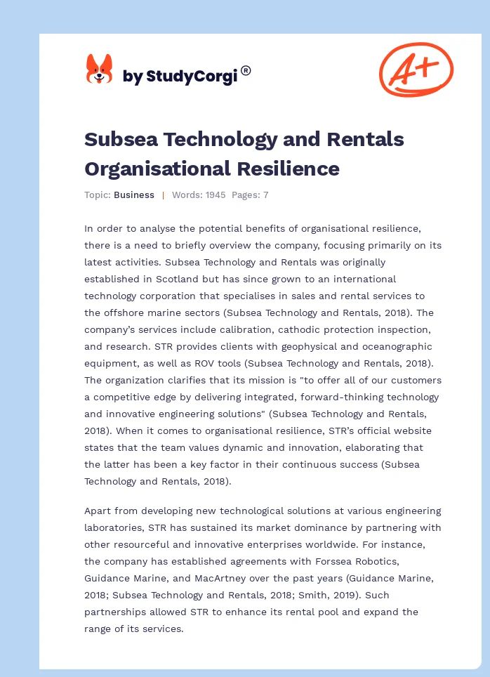 Subsea Technology and Rentals Organisational Resilience. Page 1