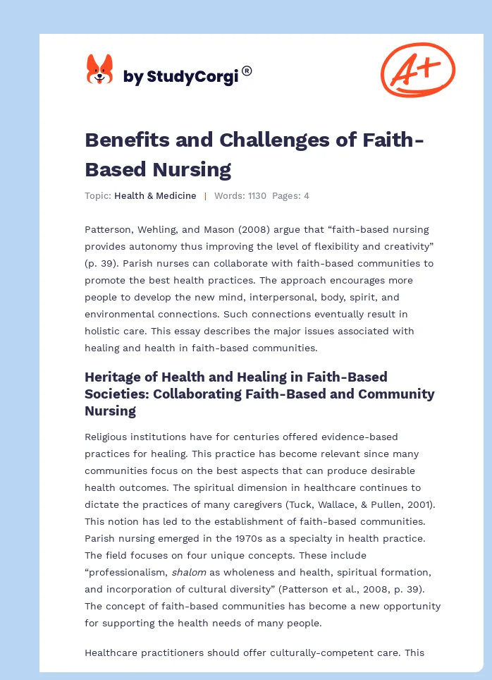 Benefits and Challenges of Faith-Based Nursing. Page 1