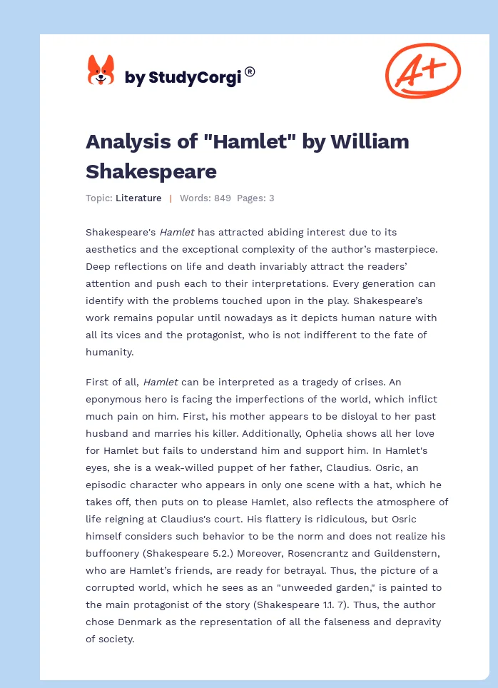 Analysis of "Hamlet" by William Shakespeare. Page 1