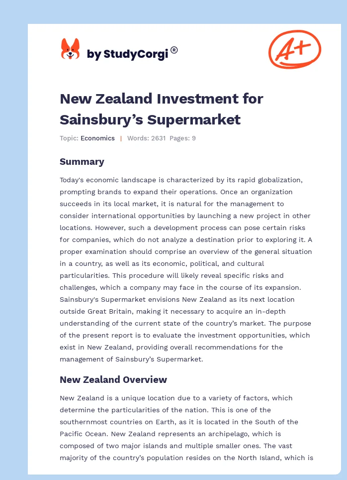New Zealand Investment for Sainsbury’s Supermarket. Page 1