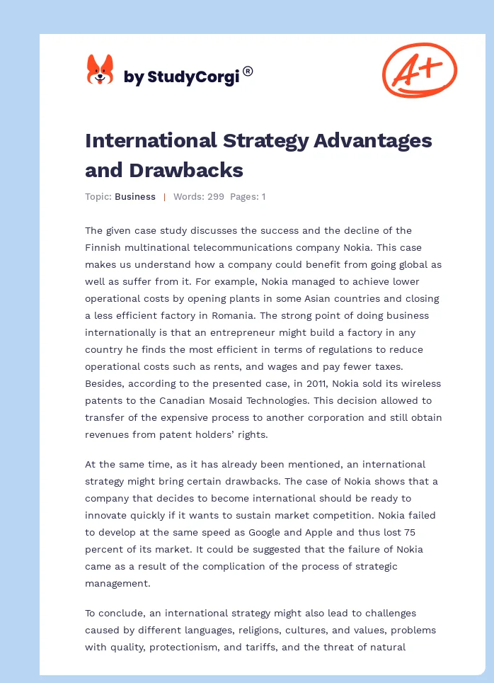 International Strategy Advantages and Drawbacks. Page 1