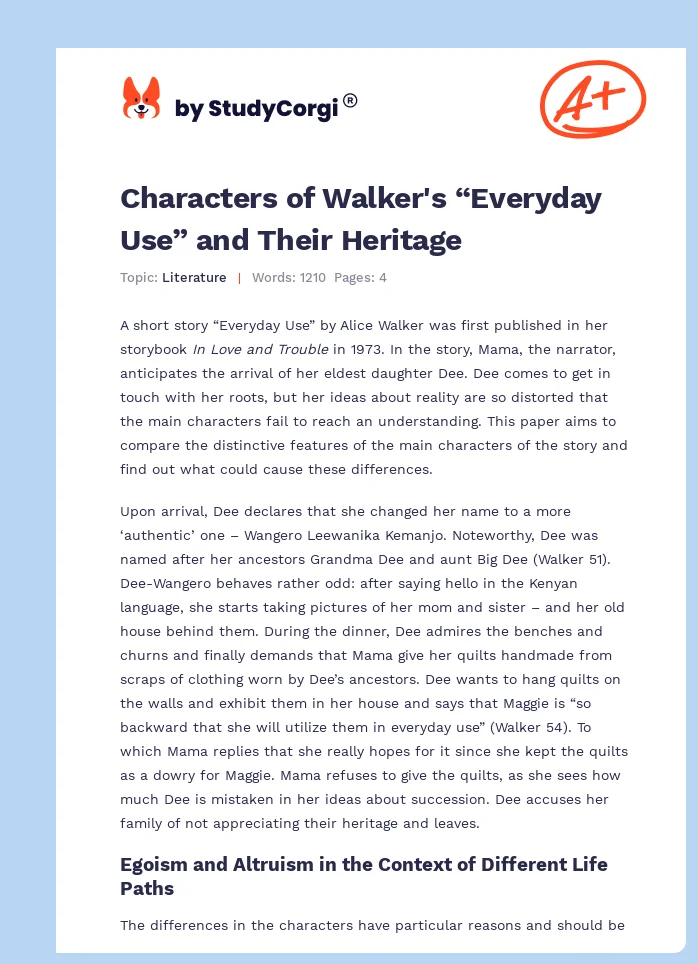 Characters of Walker's “Everyday Use” and Their Heritage. Page 1