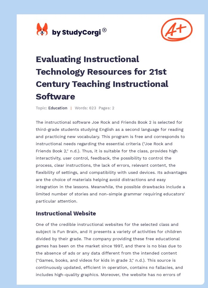 Evaluating Instructional Technology Resources for 21st Century Teaching Instructional Software. Page 1