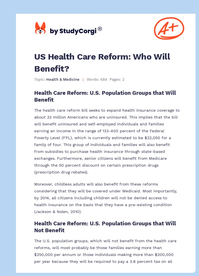 US Health Care Reform: Who Will Benefit?. Page 1