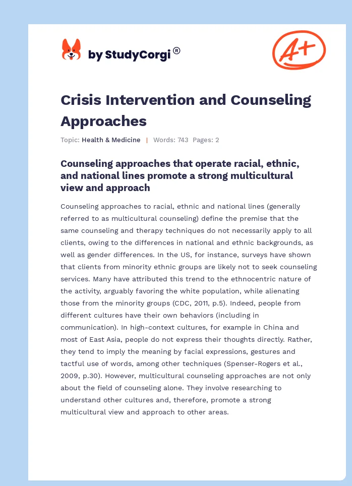Crisis Intervention and Counseling Approaches. Page 1