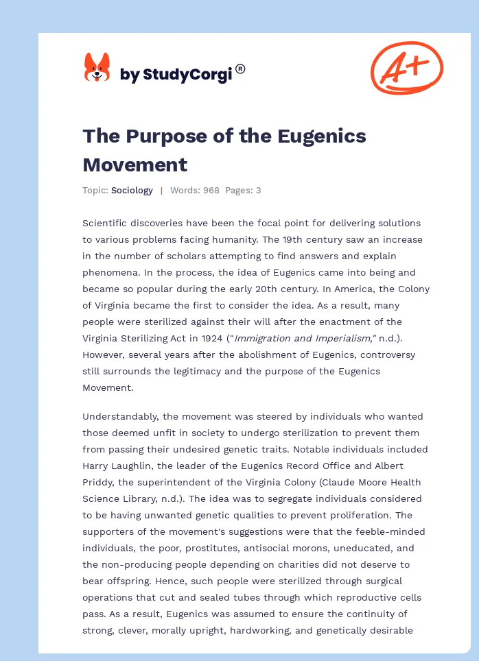 The Purpose of the Eugenics Movement. Page 1