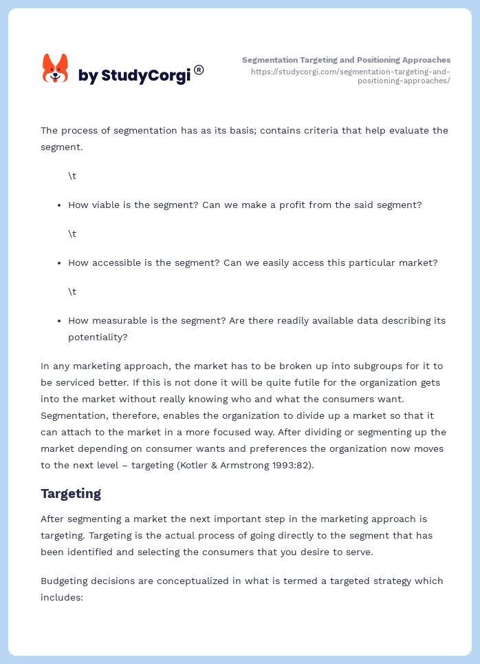 Segmentation Targeting and Positioning Approaches. Page 2