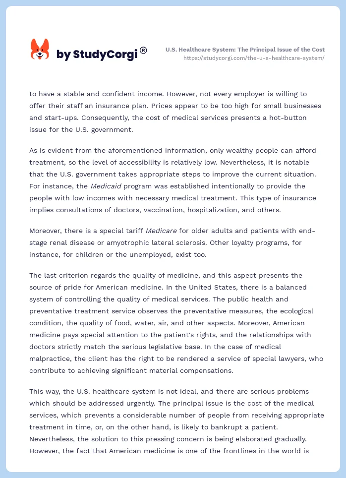 U.S. Healthcare System: The Principal Issue of the Cost. Page 2