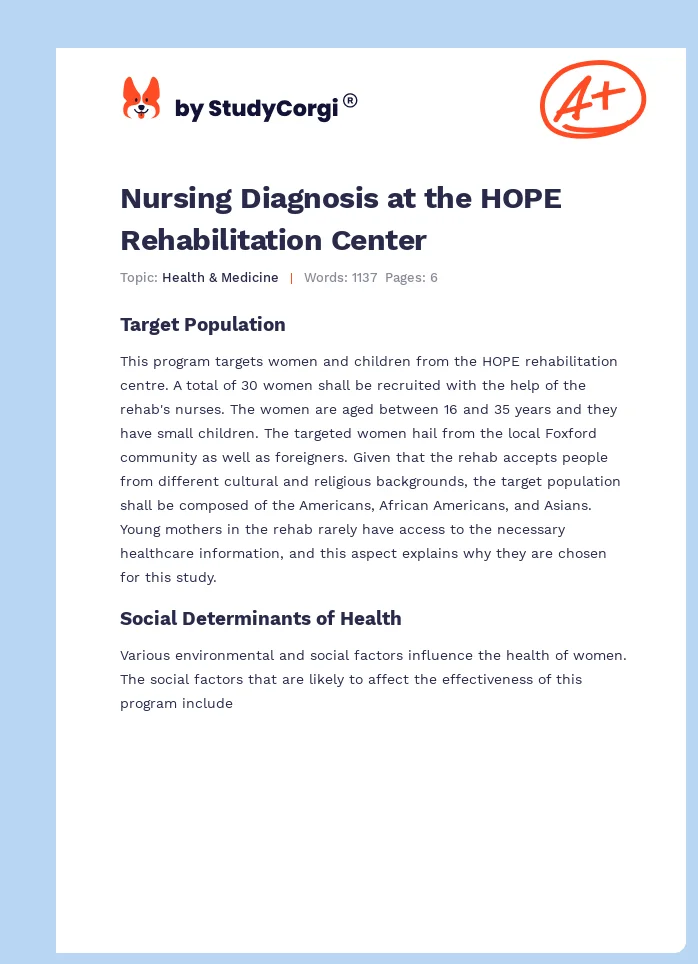 Nursing Diagnosis at the HOPE Rehabilitation Center. Page 1
