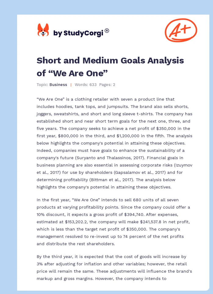 Short and Medium Goals Analysis of “We Are One”. Page 1