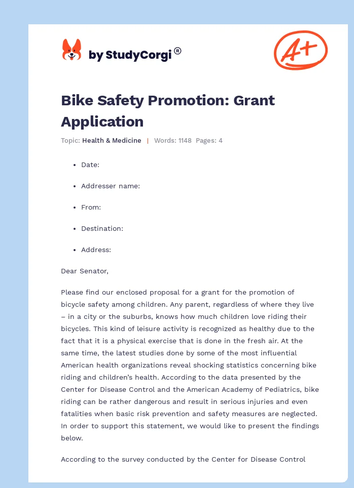 Bike Safety Promotion: Grant Application. Page 1