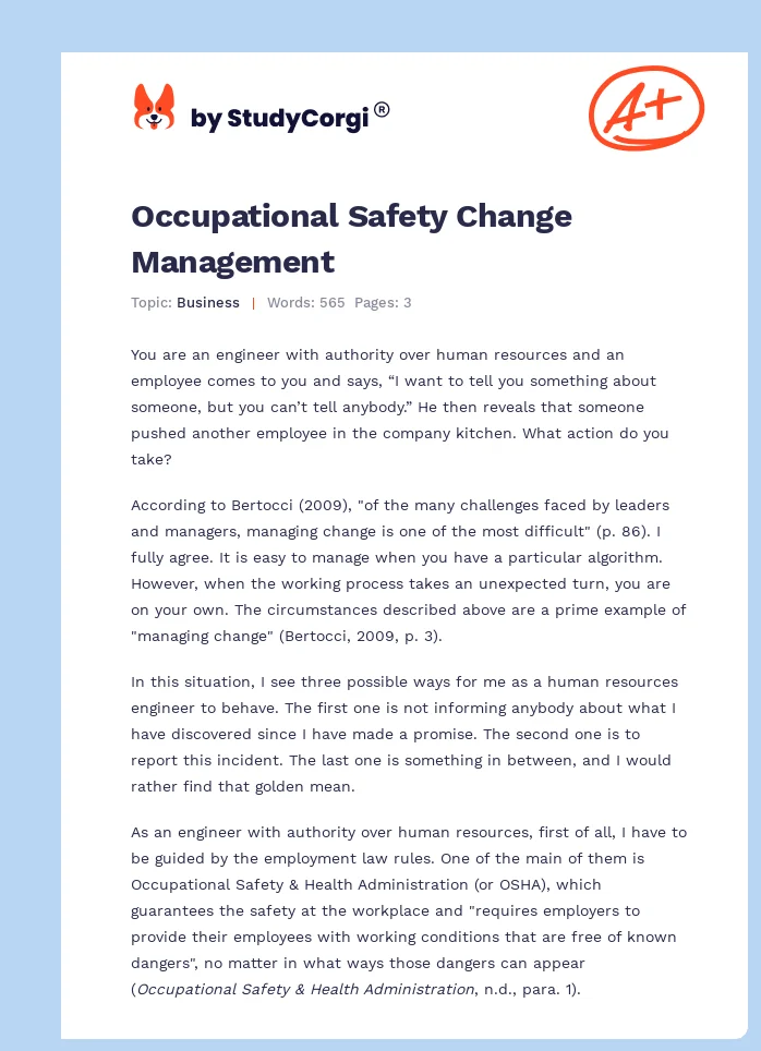 Occupational Safety Change Management. Page 1