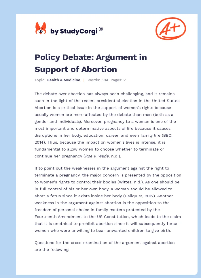 Policy Debate: Argument in Support of Abortion. Page 1