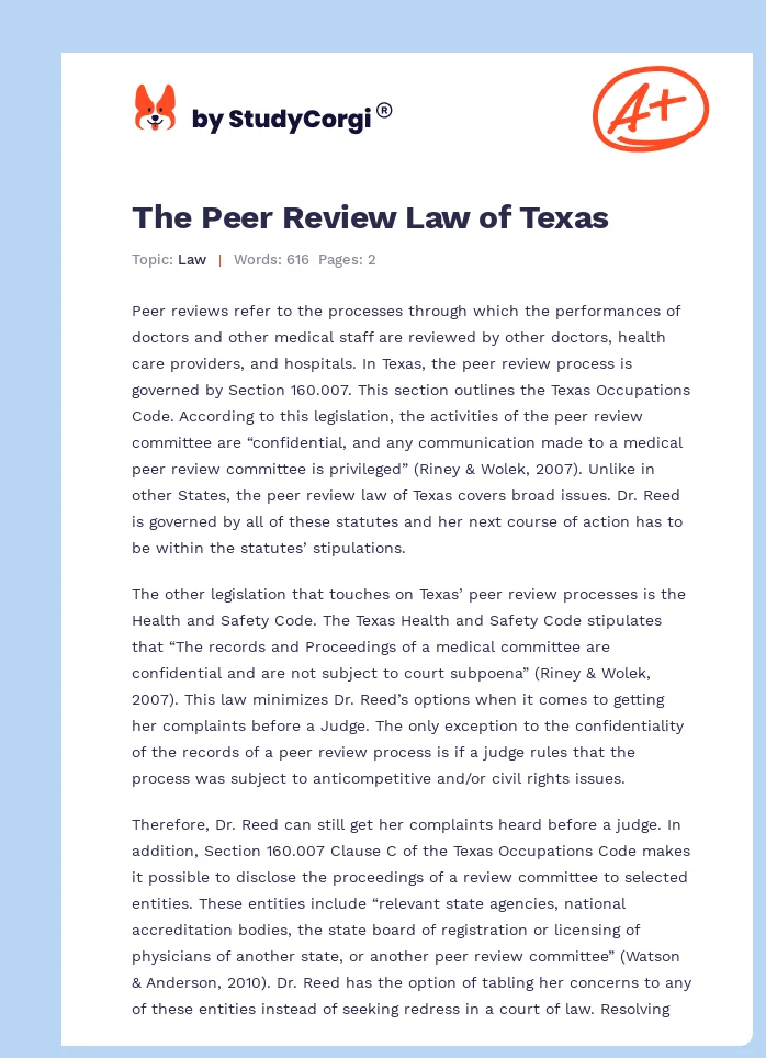 The Peer Review Law of Texas. Page 1