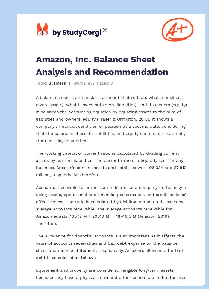 Amazon, Inc. Balance Sheet Analysis and Recommendation. Page 1