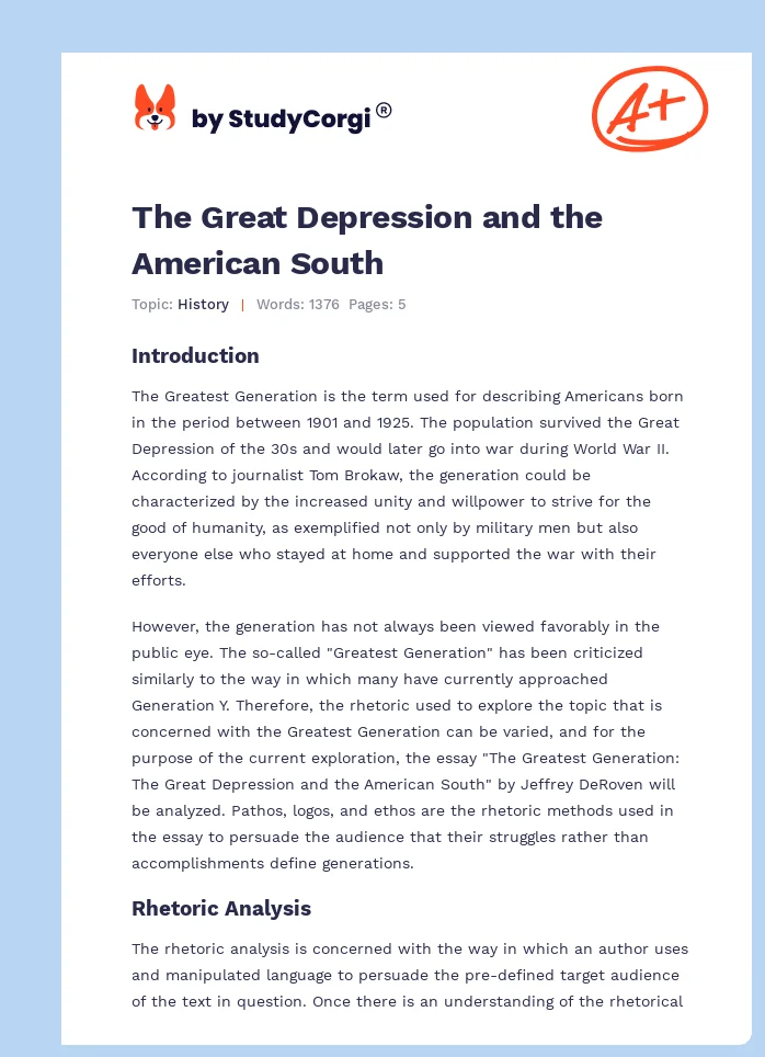 The Great Depression and the American South. Page 1