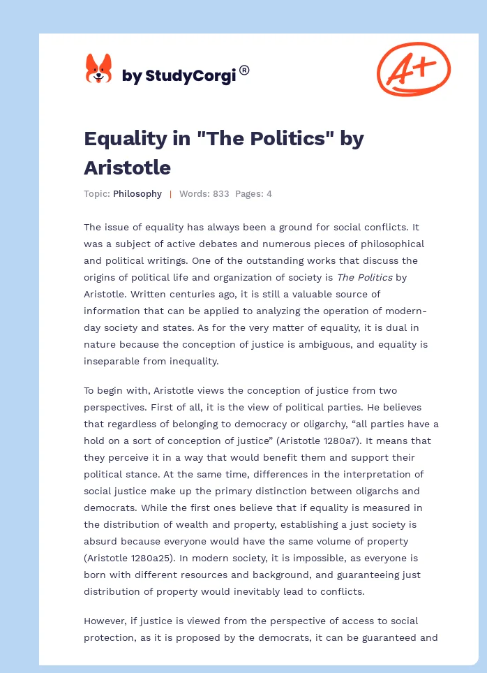 Equality in "The Politics" by Aristotle. Page 1