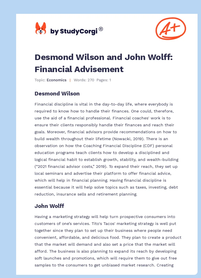 Desmond Wilson and John Wolff: Financial Advisement. Page 1