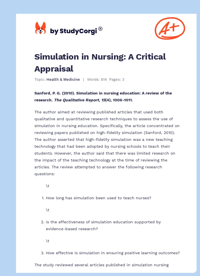 Simulation in Nursing: A Critical Appraisal. Page 1