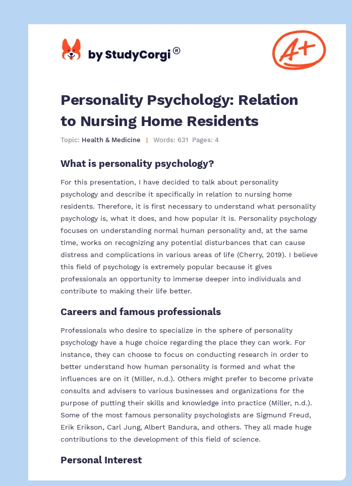 Personality Psychology: Relation to Nursing Home Residents. Page 1